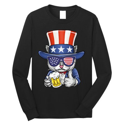 Cat Beer American Flag 4th of July  America USA Long Sleeve Shirt