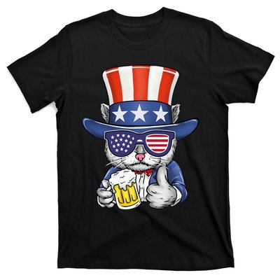 Cat Beer American Flag 4th of July  America USA T-Shirt