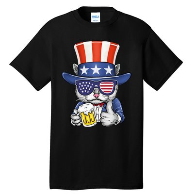 Cat Beer American Flag 4th of July  America USA Tall T-Shirt