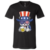 Cat Beer American Flag 4th of July  America USA V-Neck T-Shirt