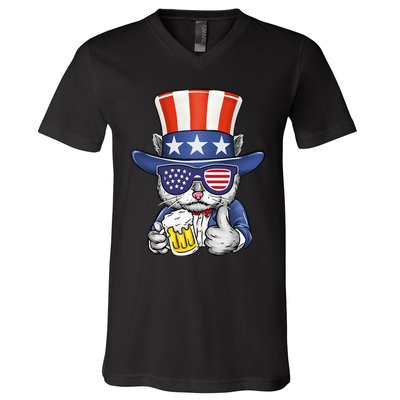 Cat Beer American Flag 4th of July  America USA V-Neck T-Shirt