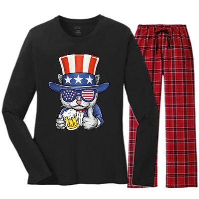 Cat Beer American Flag 4th of July  America USA Women's Long Sleeve Flannel Pajama Set 