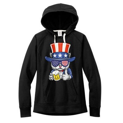 Cat Beer American Flag 4th of July  America USA Women's Fleece Hoodie