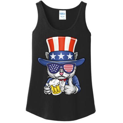 Cat Beer American Flag 4th of July  America USA Ladies Essential Tank