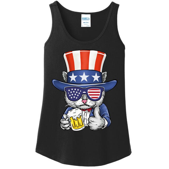 Cat Beer American Flag 4th of July  America USA Ladies Essential Tank