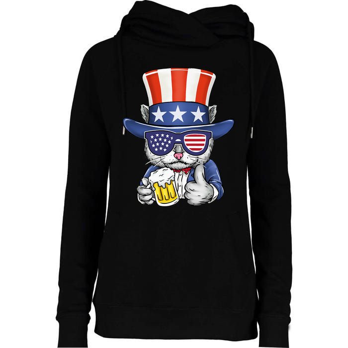 Cat Beer American Flag 4th of July  America USA Womens Funnel Neck Pullover Hood