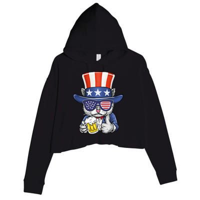 Cat Beer American Flag 4th of July  America USA Crop Fleece Hoodie