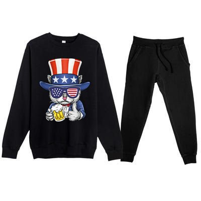 Cat Beer American Flag 4th of July  America USA Premium Crewneck Sweatsuit Set