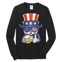 Cat Beer American Flag 4th of July  America USA Tall Long Sleeve T-Shirt