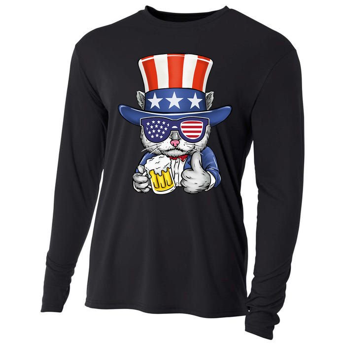 Cat Beer American Flag 4th of July  America USA Cooling Performance Long Sleeve Crew