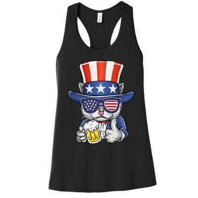 Cat Beer American Flag 4th of July  America USA Women's Racerback Tank