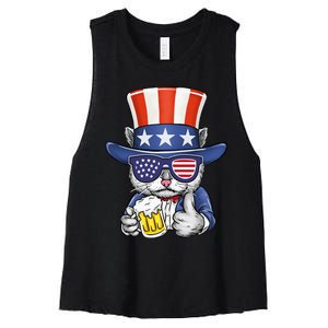 Cat Beer American Flag 4th of July  America USA Women's Racerback Cropped Tank