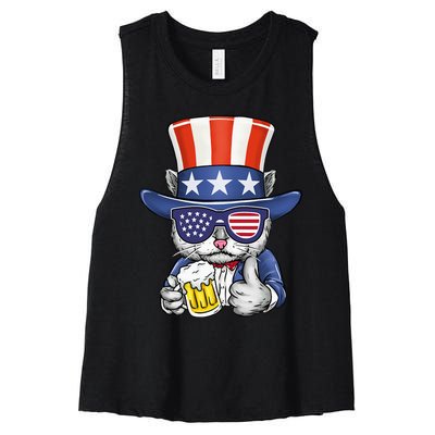 Cat Beer American Flag 4th of July  America USA Women's Racerback Cropped Tank