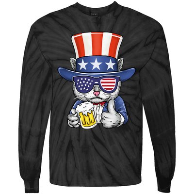 Cat Beer American Flag 4th of July  America USA Tie-Dye Long Sleeve Shirt