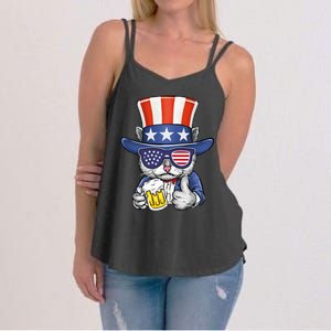 Cat Beer American Flag 4th of July  America USA Women's Strappy Tank