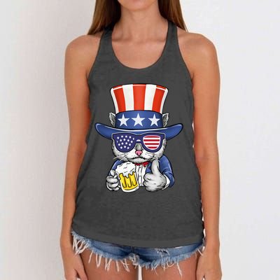 Cat Beer American Flag 4th of July  America USA Women's Knotted Racerback Tank