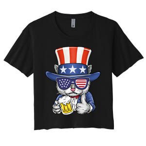 Cat Beer American Flag 4th of July  America USA Women's Crop Top Tee