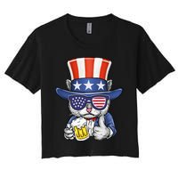 Cat Beer American Flag 4th of July  America USA Women's Crop Top Tee