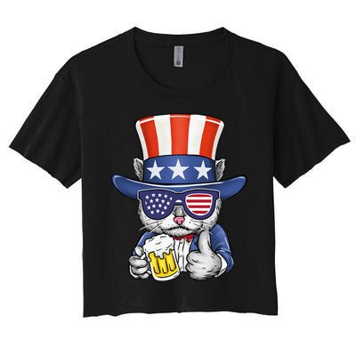 Cat Beer American Flag 4th of July  America USA Women's Crop Top Tee