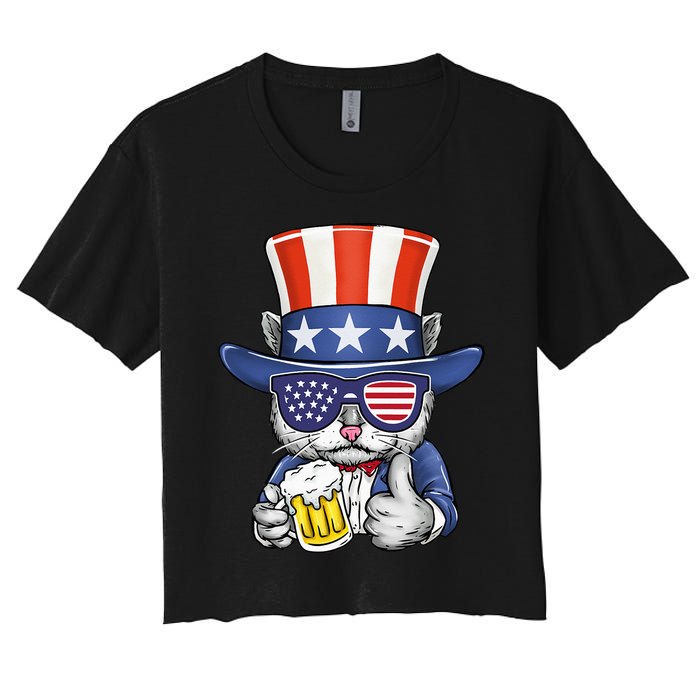 Cat Beer American Flag 4th of July  America USA Women's Crop Top Tee