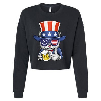 Cat Beer American Flag 4th of July  America USA Cropped Pullover Crew