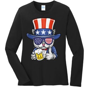 Cat Beer American Flag 4th of July  America USA Ladies Long Sleeve Shirt