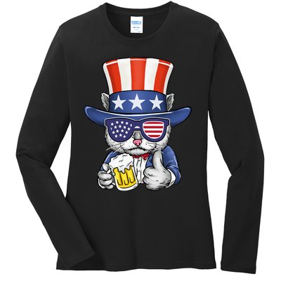 Cat Beer American Flag 4th of July  America USA Ladies Long Sleeve Shirt