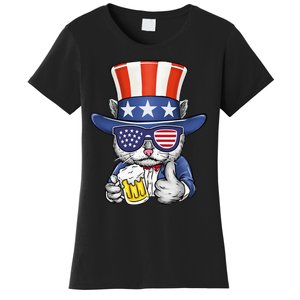 Cat Beer American Flag 4th of July  America USA Women's T-Shirt