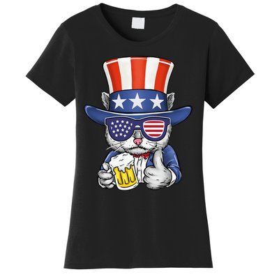 Cat Beer American Flag 4th of July  America USA Women's T-Shirt