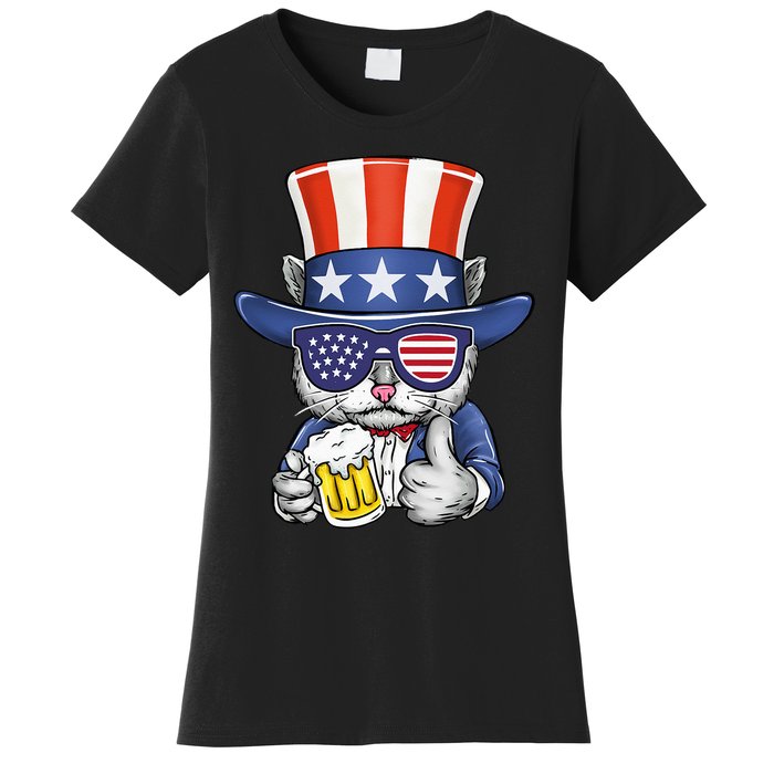 Cat Beer American Flag 4th of July  America USA Women's T-Shirt