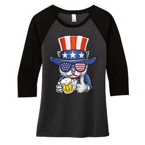 Cat Beer American Flag 4th of July  America USA Women's Tri-Blend 3/4-Sleeve Raglan Shirt