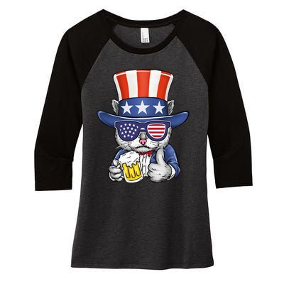 Cat Beer American Flag 4th of July  America USA Women's Tri-Blend 3/4-Sleeve Raglan Shirt