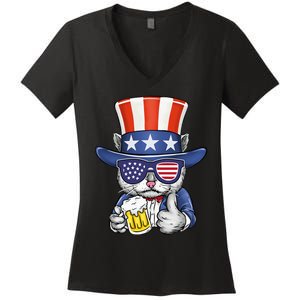 Cat Beer American Flag 4th of July  America USA Women's V-Neck T-Shirt