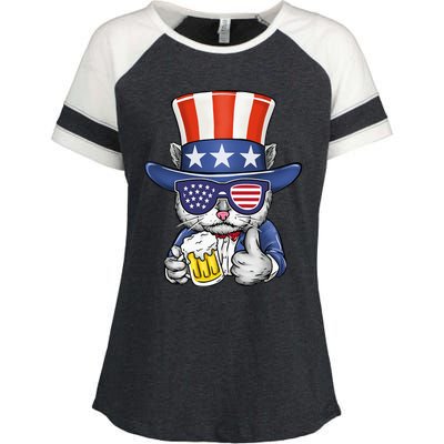 Cat Beer American Flag 4th of July  America USA Enza Ladies Jersey Colorblock Tee