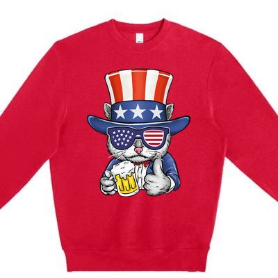 Cat Beer American Flag 4th of July  America USA Premium Crewneck Sweatshirt