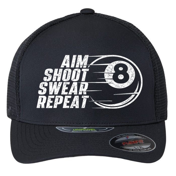 Cool Billiards Aim Shoot Swear Repeat Billiard Lover Pool Sports Game Gift Flexfit Unipanel Trucker Cap