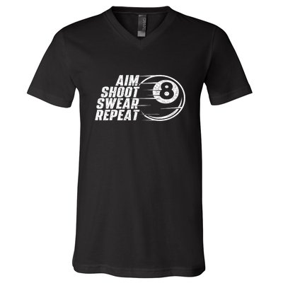 Cool Billiards Aim Shoot Swear Repeat Billiard Lover Pool Sports Game Gift V-Neck T-Shirt