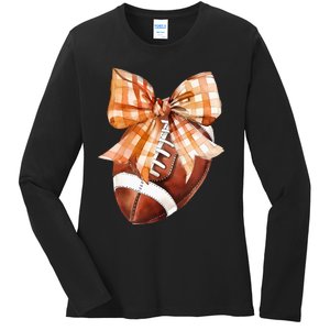 Coquette Bow American Football Autumn Thanksgiving Game Day Ladies Long Sleeve Shirt