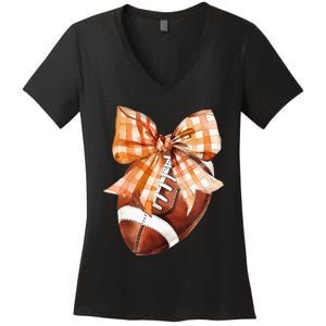 Coquette Bow American Football Autumn Thanksgiving Game Day Women's V-Neck T-Shirt