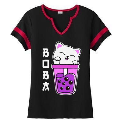 Cat Boba Anime Bubble Tea Neko Kawaii Teen Ladies Halftime Notch Neck Tee