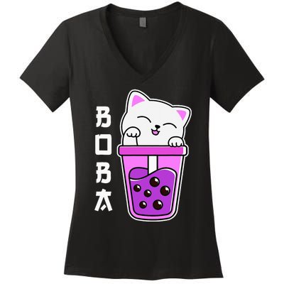 Cat Boba Anime Bubble Tea Neko Kawaii Teen Women's V-Neck T-Shirt