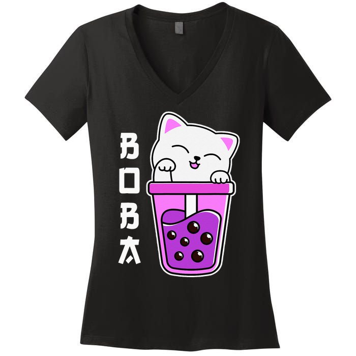 Cat Boba Anime Bubble Tea Neko Kawaii Teen Women's V-Neck T-Shirt