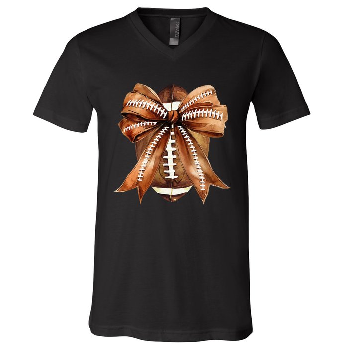 Coquette Bow American Football Game Day Thanksgiving Autumn V-Neck T-Shirt