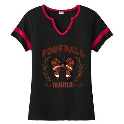 Coquette Bow American Football Mama Thanksgiving Autumn Fall Ladies Halftime Notch Neck Tee