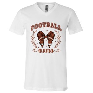 Coquette Bow American Football Mama Thanksgiving Autumn Fall V-Neck T-Shirt