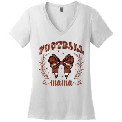 Coquette Bow American Football Mama Thanksgiving Autumn Fall Women's V-Neck T-Shirt