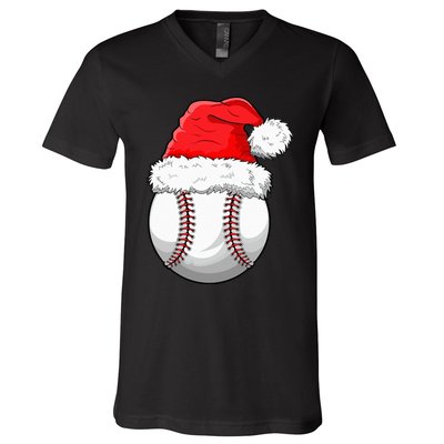 Christmas Baseball Ball Santa Hat Funny Sport Xmas V-Neck T-Shirt