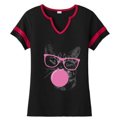 Cat Blowing Bubble Gum Ladies Halftime Notch Neck Tee