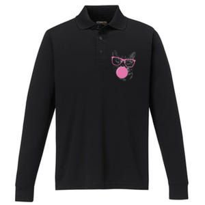 Cat Blowing Bubble Gum Performance Long Sleeve Polo