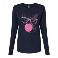 Cat Blowing Bubble Gum Womens Cotton Relaxed Long Sleeve T-Shirt